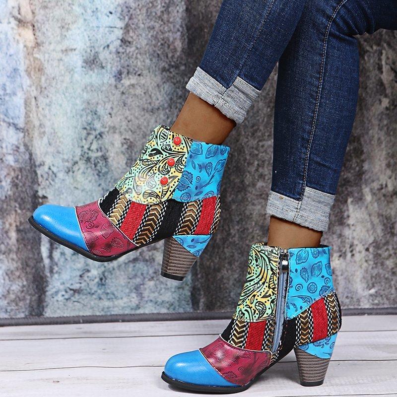 National Style High Heel Short Boots Women's Splicing Martin Boots Rhinestone Pointed Thick Heel Short Boots Large