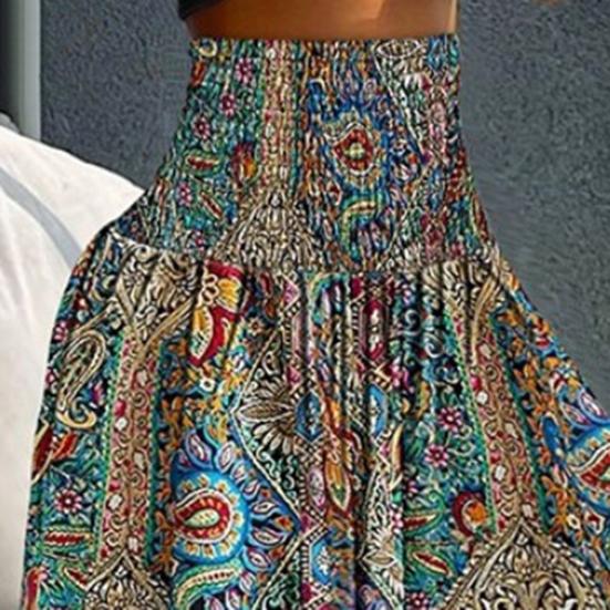 Women Maxi Skirt High Waist Wide Elastic Waist A-Line Retro Printed Skirt Summer Loose Fit Long Skirt Streetwear