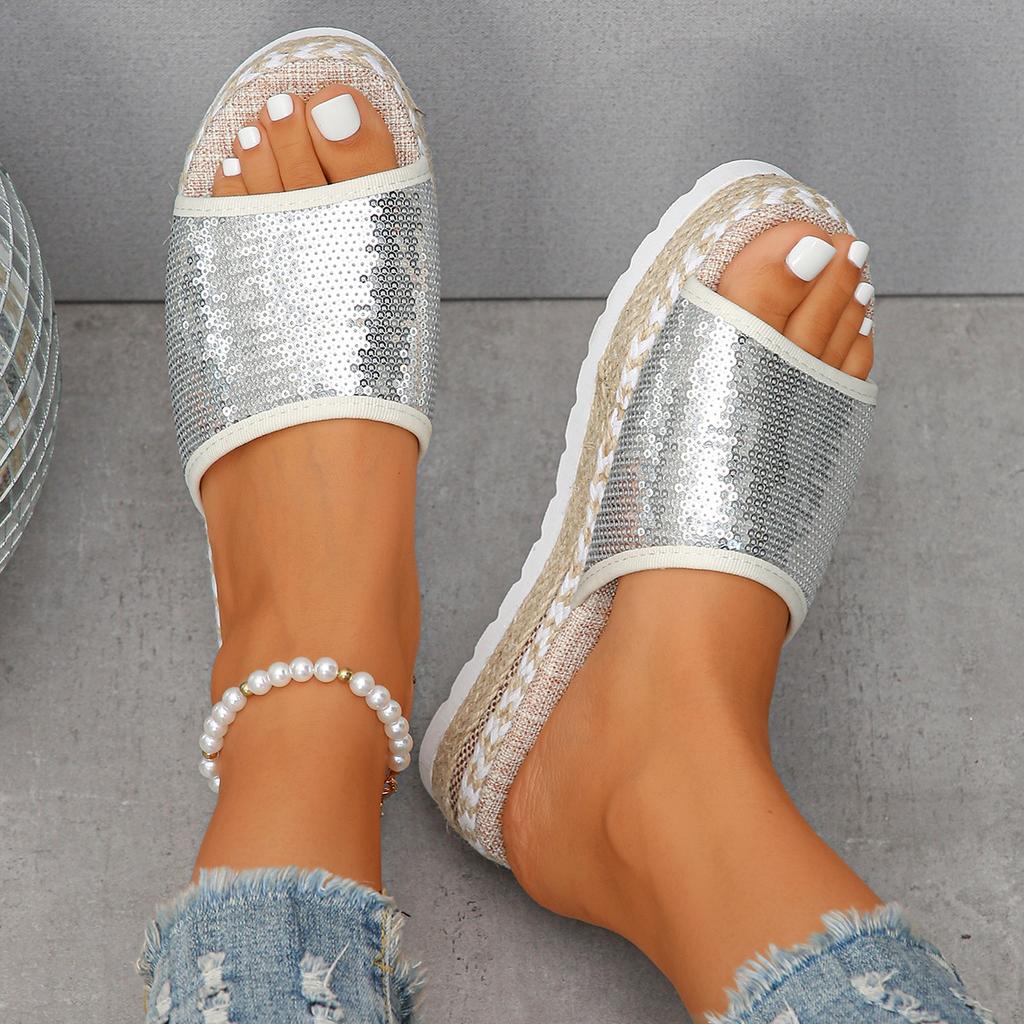 2025 Summer New Linen Thick Bottom Wedge Heel Sequins European and American Bohemian Fish Mouth One-word Drag Large Size 36-43