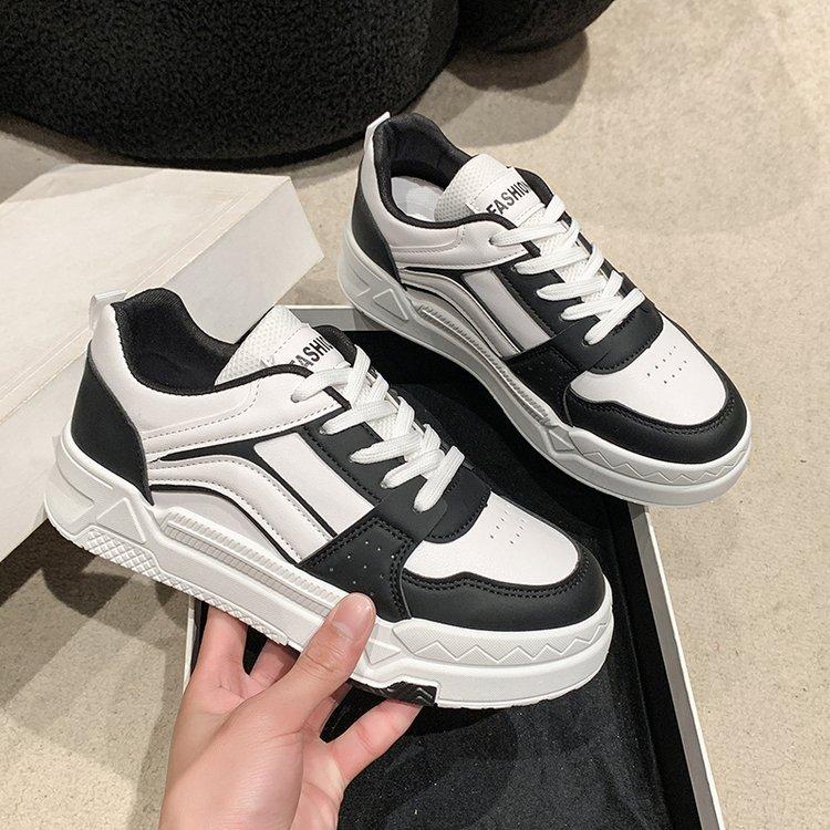Thick Baseplate Shoes Women's 2024 Autumn New Black and White Student Lace-up Casual Shoes Round Head Sports Shoes Women