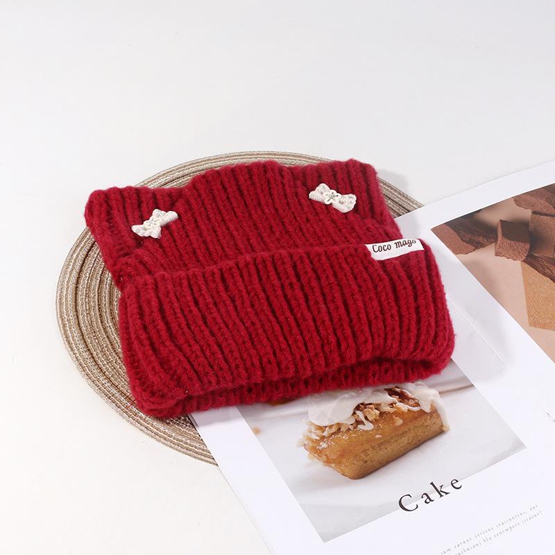 Korean Bow Hat Women's Cute Cat Ear Knitted Hat Outdoor Warm Versatile Wool Hat Student Pullover Cold Hat