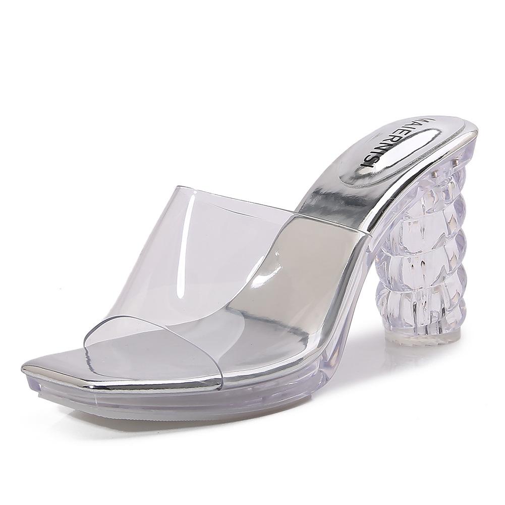 Transparent High Heels Summer New Waterproof Table Thick Heel Multi-color Thick-soled Crystal Sandals Slippers Women's Fashion