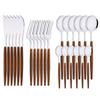 24Pcs Western Nature Bamboo Stainless Steel Brown Tableware Knife Fork Spoons Dinnerware Cutlery Set Wooden Handle Silverware Flatware