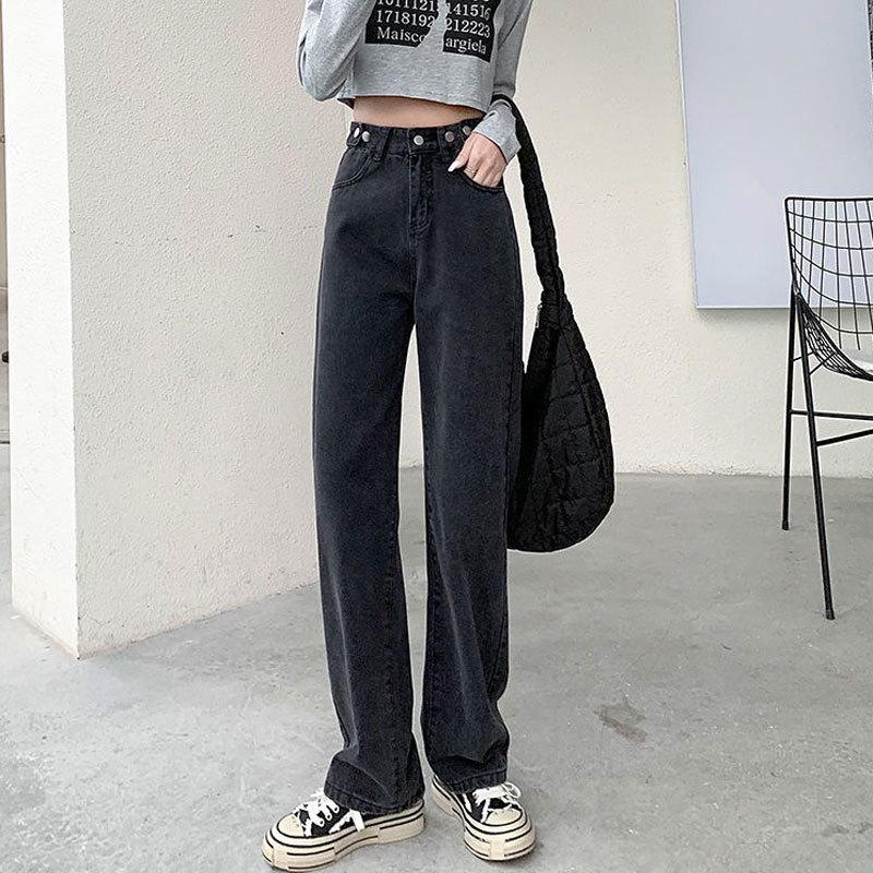 Women's High-Waisted Wide-Leg Pear-Shaped Denim Trousers with Multi-Button Adjustable Retro Design