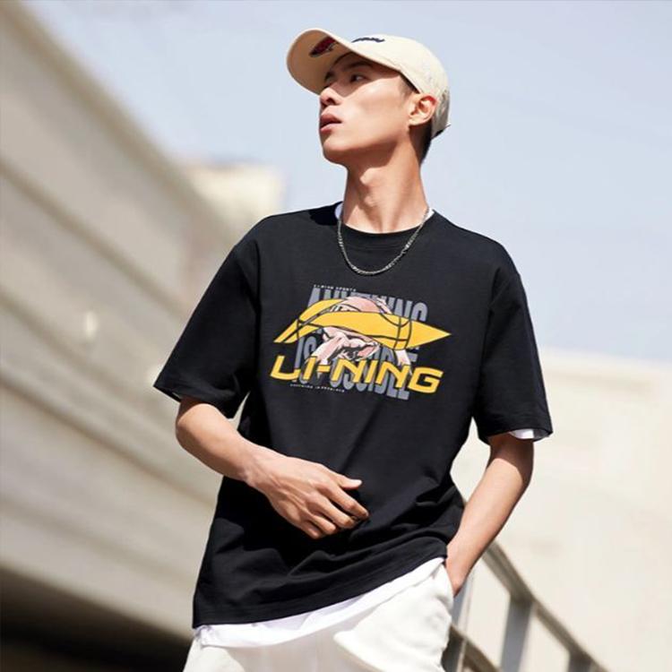Li-Ning Basketball Print Crew Neck Short Sleeve T-Shirt Men Tops Black AHST595-1