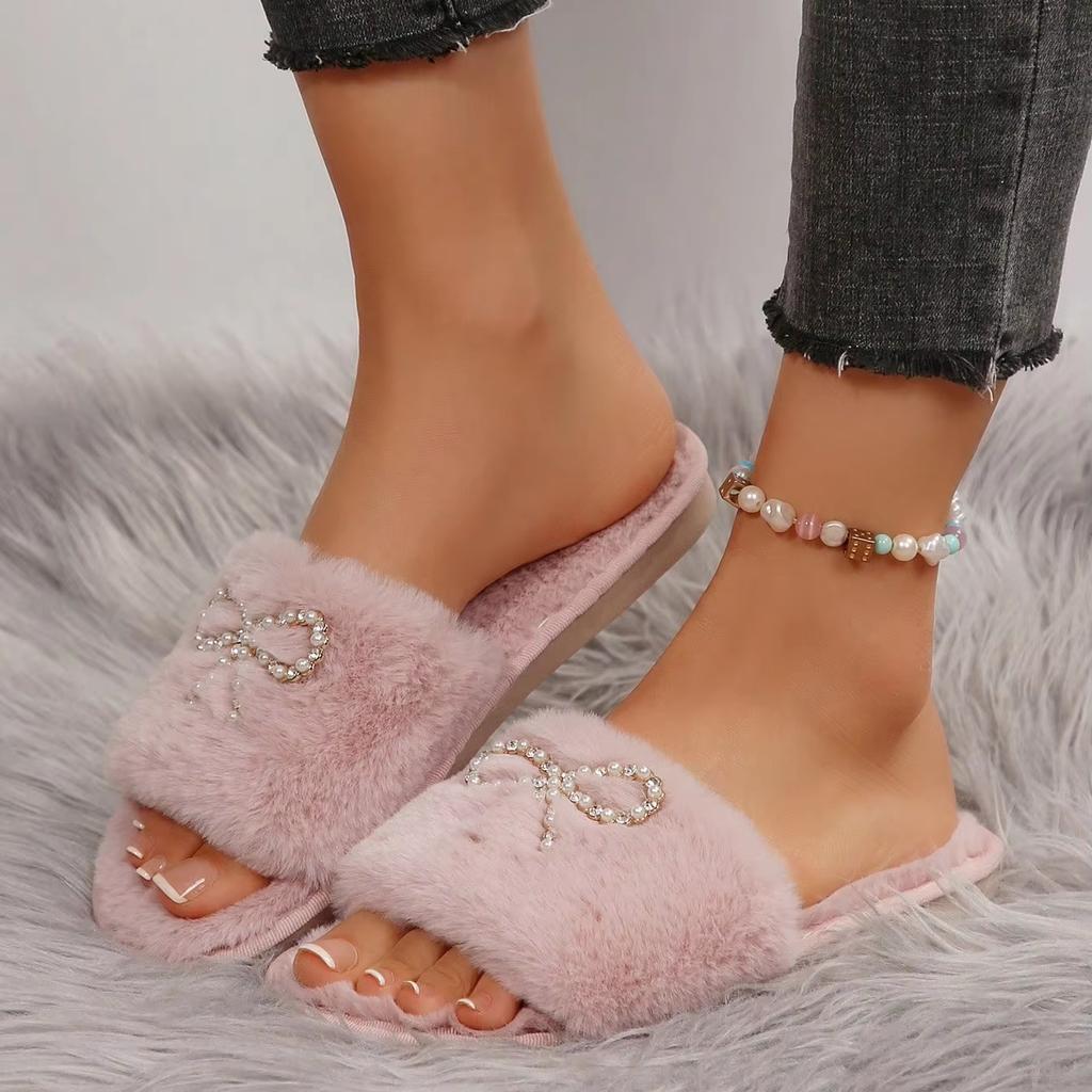Lovely Fashion Slippers Female Slides Daily Flat Low Heels Shoes Woman Bright Diamond Butterfly-knot Winter Shoes Plus Size
