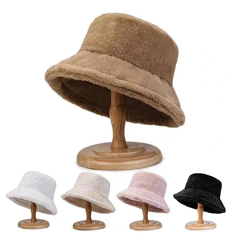 Faux Fur Winter Bucket Hat For Women Solid Warm Female Cap Outdoor Sunscreen Sun Fisherman Hat Lady Cap