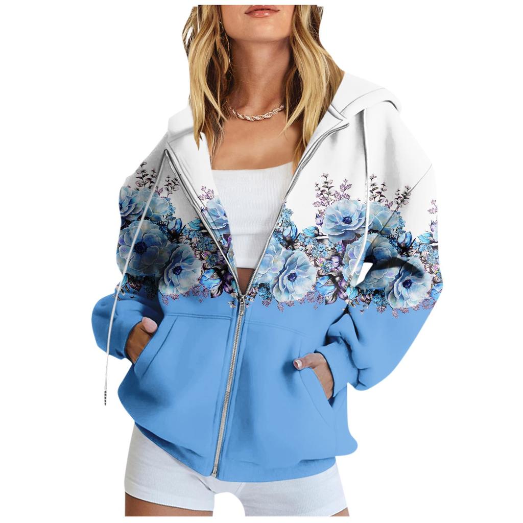 Women's Long Sleeve Printed Sweatshirt Long Sleeve Pocket Jacket Zipper Hoodie Coat Autumn