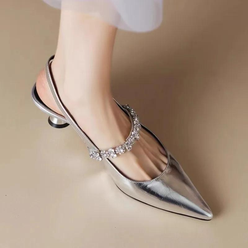 Fashion French Rhinestone Strap Bao Too Shallow Sandals Women's New Summer Pointed Toe Stiletto Stiletto High Heel Shoes