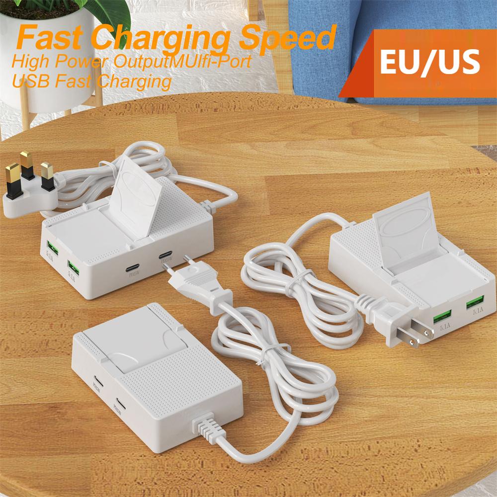 4 Ports USB Charger with Desk Holder Type C Multi Ports Power Strip Devices USB Type C Hub Adapter EU/US Plug Extension Socket