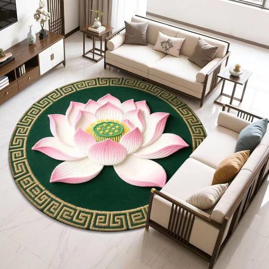 Yousheng Lotus Flower Floor Mat Round Living Room Rug Lotus Pattern Carpet with Non-Slip Backing for Home Office Bedroom Kitchen
