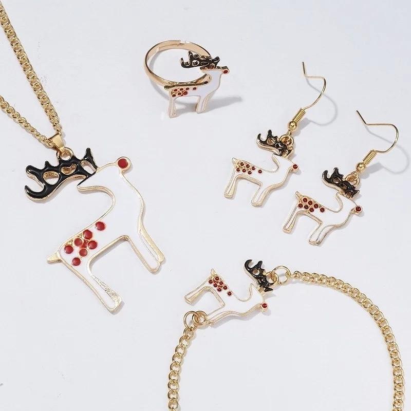4pcs/set Christmas Necklace Earrings Bracelet Ring Four-piece Christmas Ornaments Xmas Gift Sjewerly Sets for Women