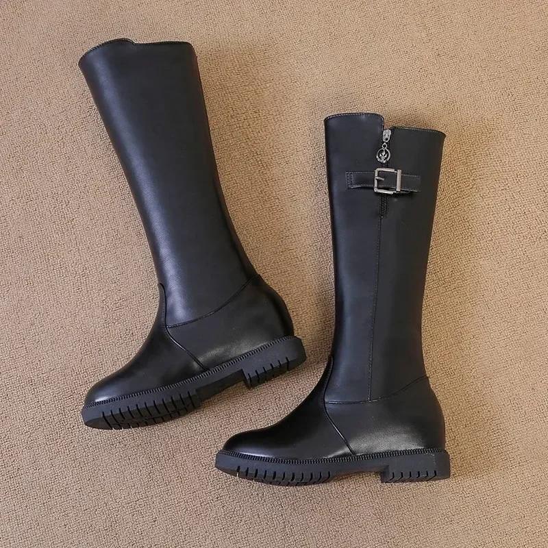 2025 Women's Winter Boots Black Round Toe Low Heel Knee High Boots for Women Belt Buckle Leisure Warm Riding Boots Bota Feminina