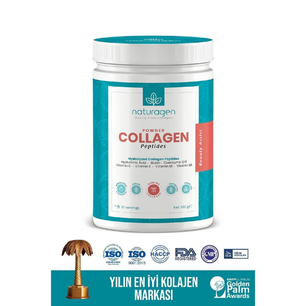 Collagen Powder Green Apple Flavored 300 Gr (type 1, Type 3 8.000 Mg Collagen Hyaluronic Acid, Vitamin C)