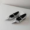 Pointed Silver Sequined Flower Mary Jane Women's Shoes One-word Buckle with Shallow Mouth French Inner Height Increase Single Shoes 2025 New