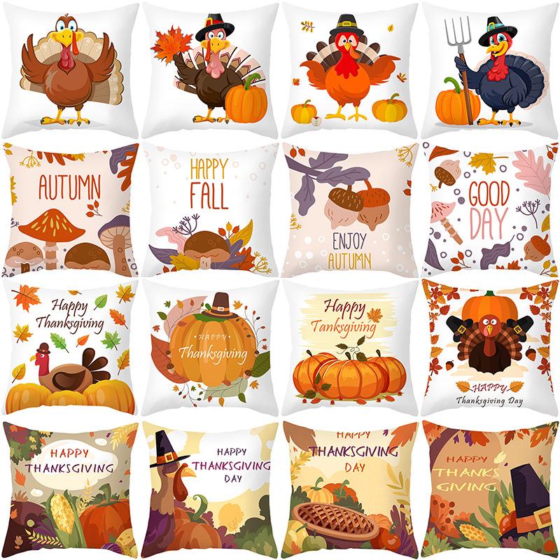 Autumn Harvest Thanksgiving Cushion Cover New Arrival Turkey Pumpkin Peach Skin Printed Cushion