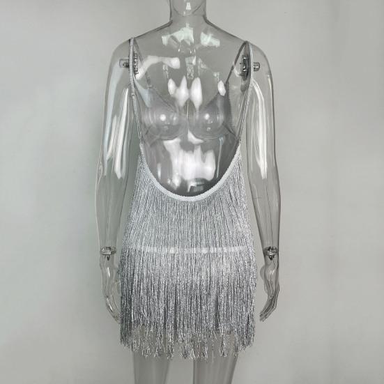 Women Prom Dress Shiny Tassel Fringe Spaghetti Strap Backless Sleeveless Slim Fit Sheath Low Cut V Neck Latin Dance Dress Club Wedding Mini Dress