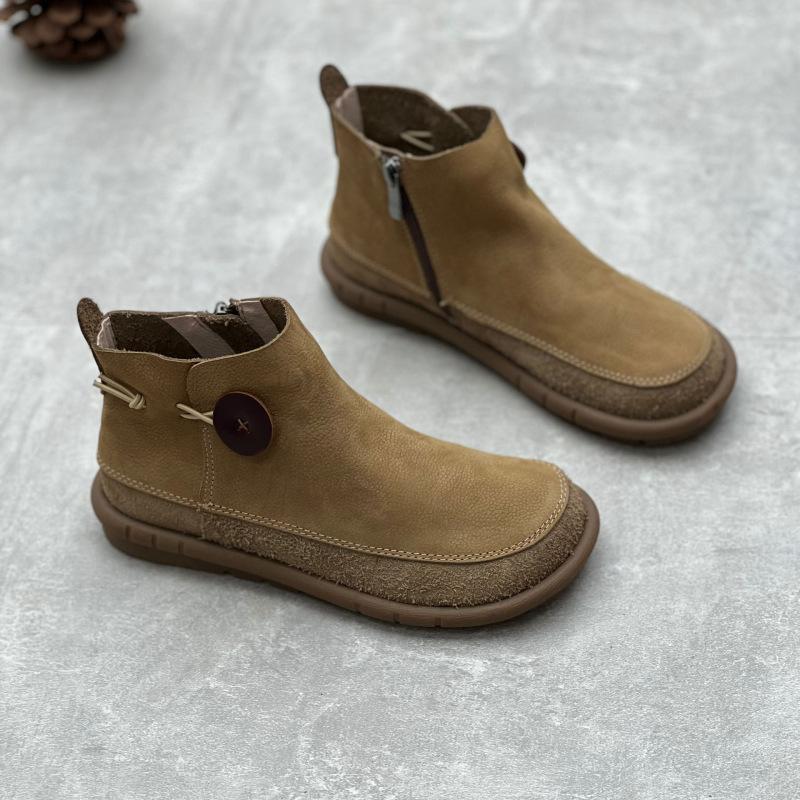 Johnature Retro Women Flat Short Boots Genuine Leather Shoes Handmade Round Toe Solid Color Ankle Boots