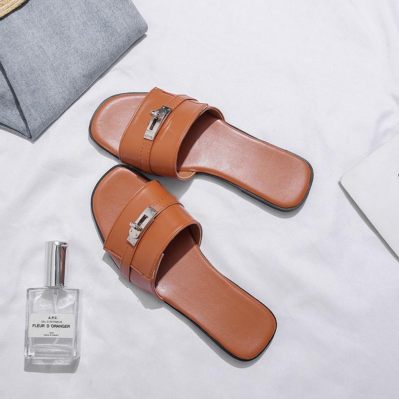 35-45 Large Size Korean Version of Small Silver Buckle One-word Drag 2025 Summer French Flat-bottomed Cool Slippers Half Slippers Outer Wear