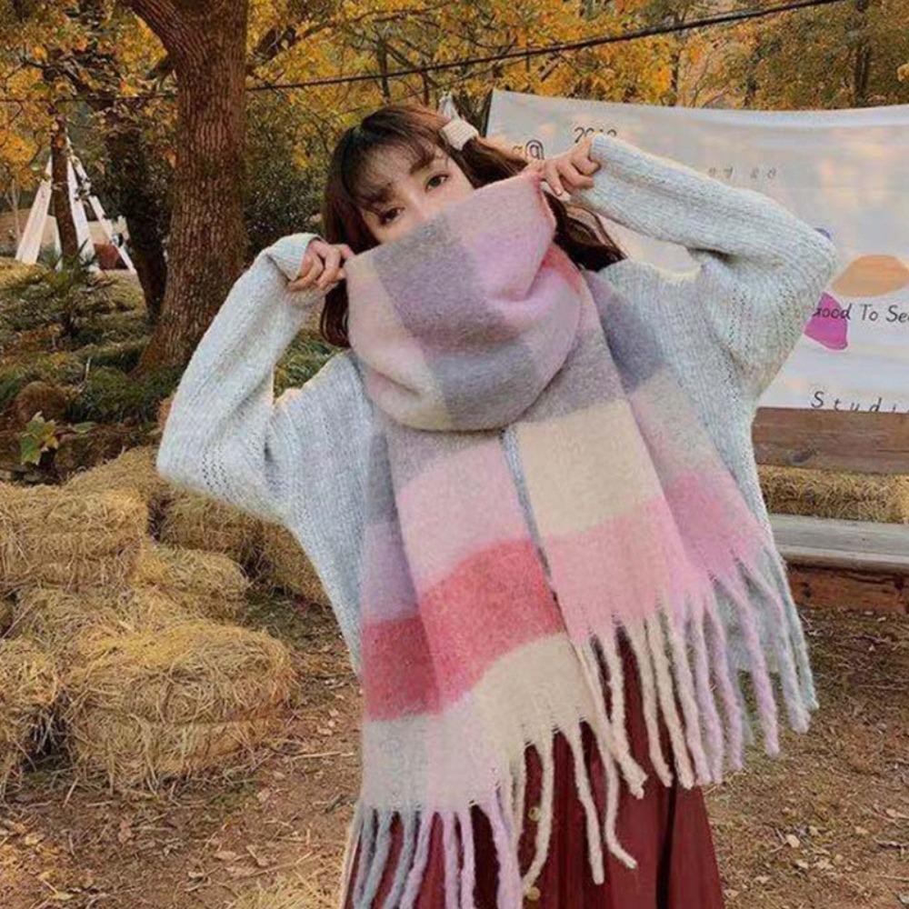 Versatile Four Color Cashmere Scarf Long Tassel Rainbow Winter Plaid Shawl Gradient Tie Dye Scarf