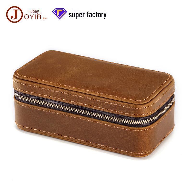 Vintage Crazy Horse Leather Travel Watch Box - Genuine Leather Zippered Storage for Single Watch