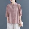Women's Retro Loose Chinese Plate Button Shirt Standing Collar Middle Sleeve Temperament Tea Clothes