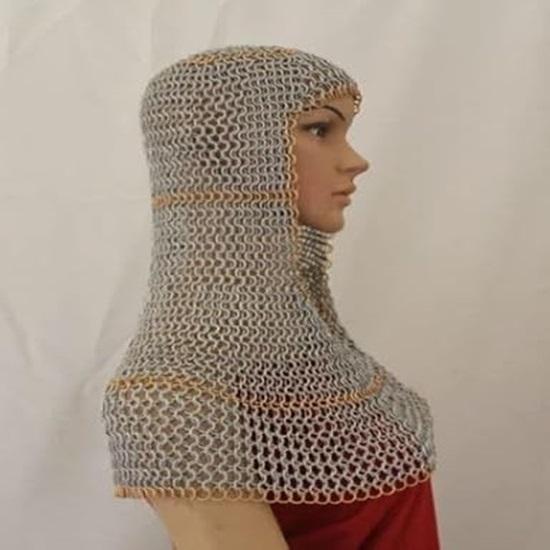 Medieval Aluminium Butted Chainmail Hood with Rings At the Edges 10 Mm 16 Gauge Golden Style Battle-ready Chainmail Woman Hood Coif