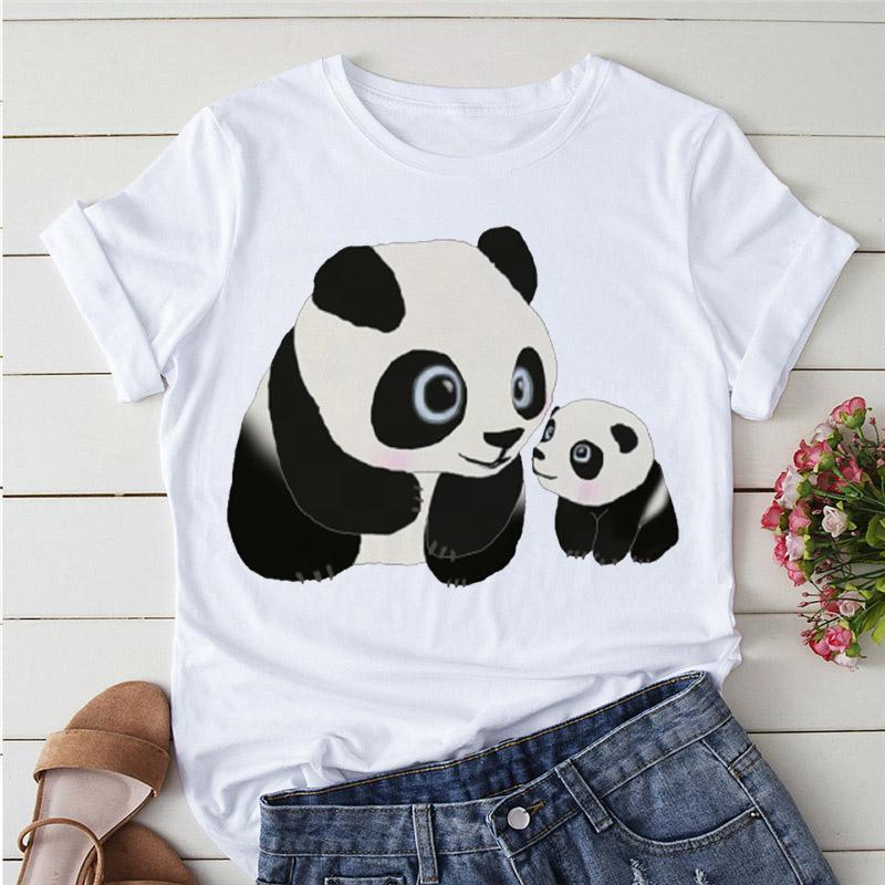 Aesthetics Cute Panda Print Women Basic Tees Cartoon Top O-Neck Simple Tee Short Sleeve T-Shirt Ladies Tees Graphic White Tshirt