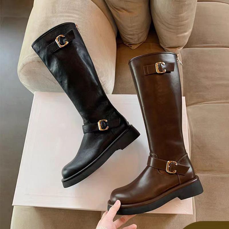 Grape Mother Autumn and Winter New Polish Pictorial~ Fashion Round Head Buckle with Thick Heel But Knee High Boots Knight Boots Women