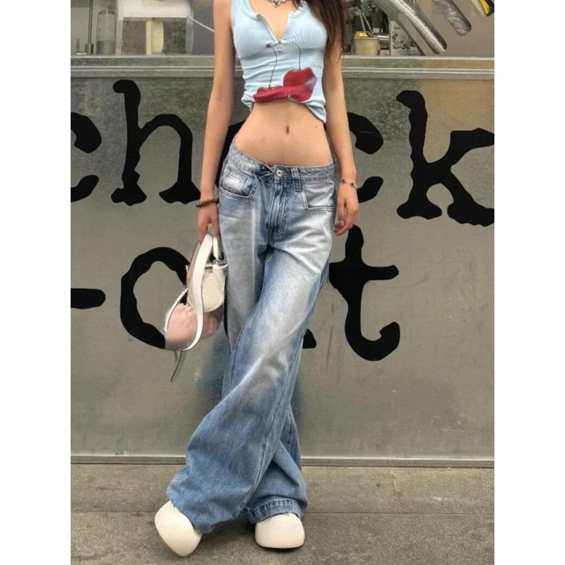 Women American Vintage Y2k Japanese Harajuku Streetwear Baggy Low Rise Denim Pants Long Trousers 2000s Aesthetic Jean Kpop Punk