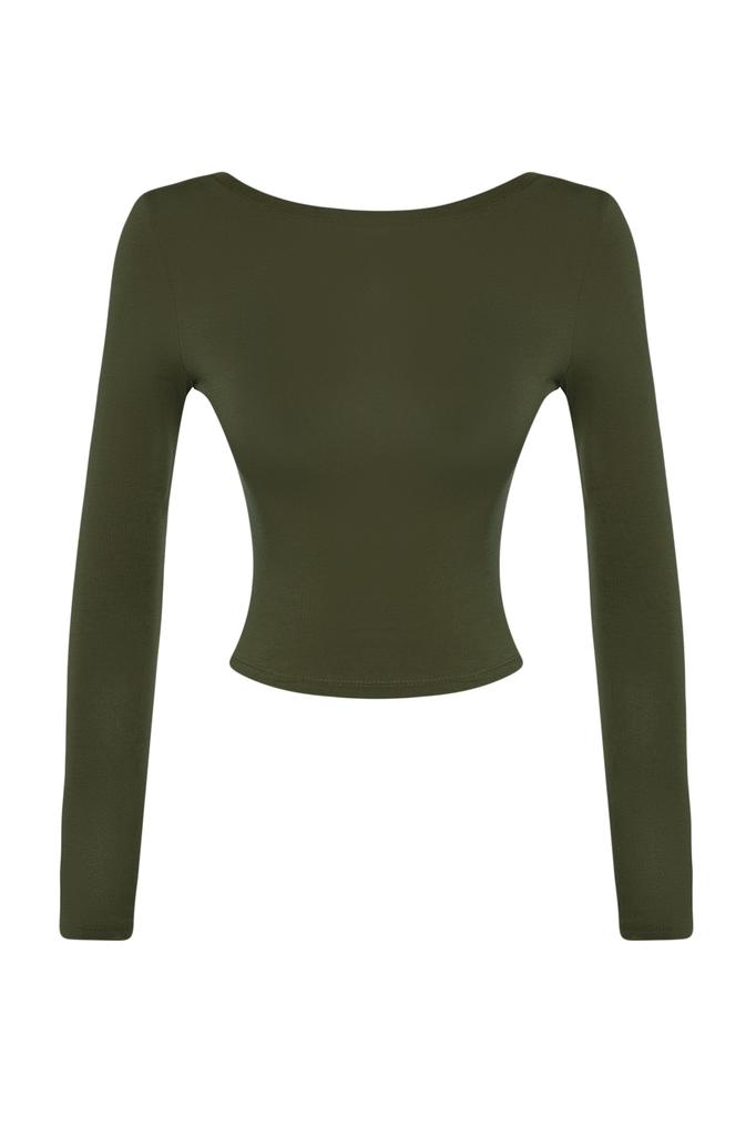 Women's Fashion New Blouse Black Deep Back Low-cut Fitted Cotton Stretchy Knitted Blouse