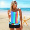 Women's Shoulder Strap Swimsuit with Colorful Square Stripes Printed Bikini Short Tank Top Swimsuit