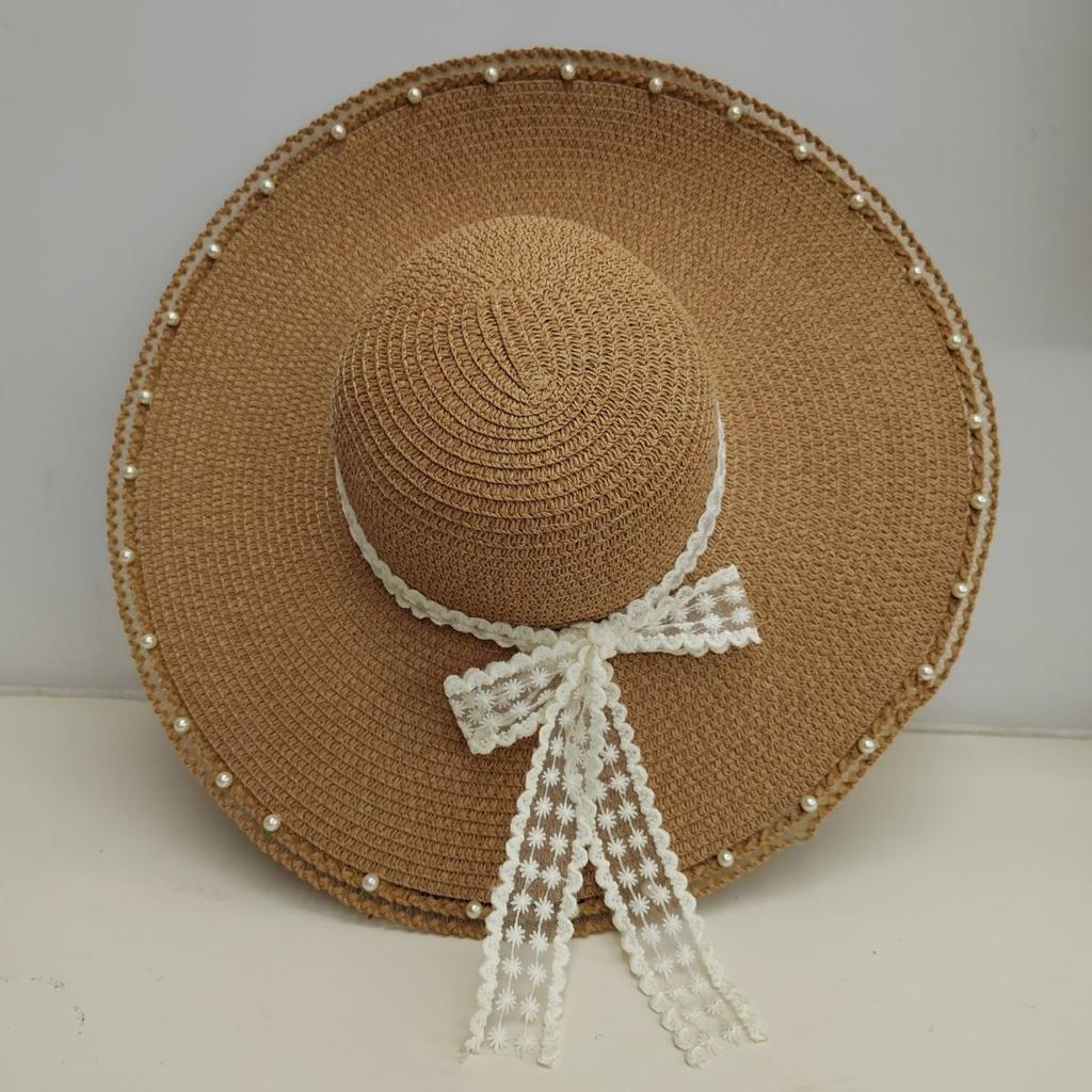 Summer New Sun Hat Bow Grass Hat Sun Protection Vacation Lace Travel Hat Beach Fashionable Fisherman Hat