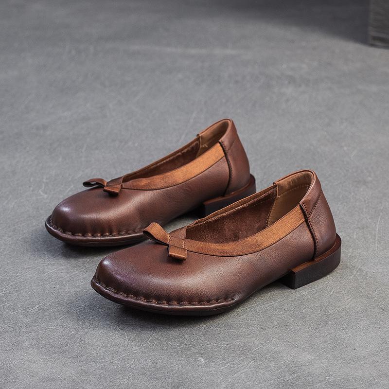 Johnature Genuine Leather Comfortable Low Heel Shoes Retro Versatile Pumps Round Toe Women's Shoes