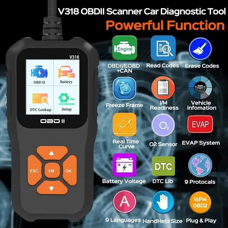 V318 Auto Diagnostic Tool – OBD2 Scanner with Battery Test, Fault Code Reader, Multi-Language Support