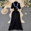 Spring Summer New Elegant Embroidery Notched Knitted Maxi Dress French Style Single-breasted Split Sweater Dresses