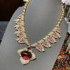 Noble Fan-shaped Necklace, Slightly Set with Rose Red Zircon Copper Gold-plated Skirt Necklace, Luxury Ruby Flower Pendant.