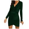 Women's Solid Color Long-sleeved Cross V-neck Sexy Bag Hip Slim Shiny Evening Dress Knee-length Dress