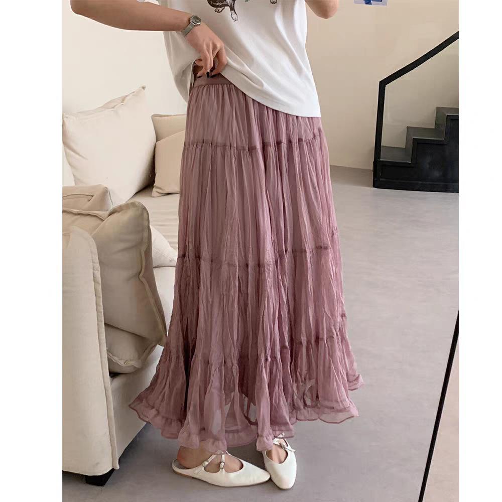 French Gentle Wind Ruffle Leaf Edge Mesh Skirt Women's Summer Long Pleated Thin Lazy Holiday Style A-word Skirt