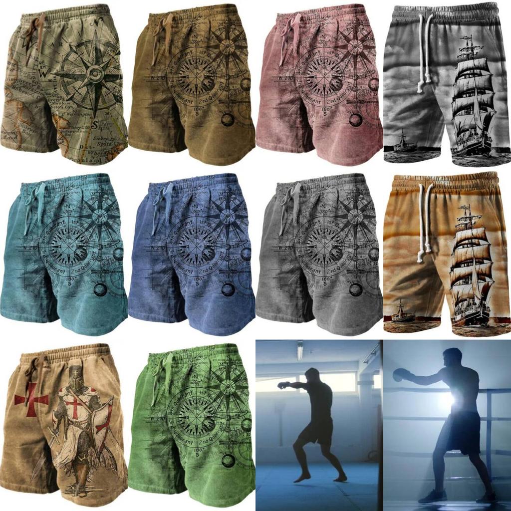 Boxing Shorts Pants 3D Print Fighting Training Retro VINTAGE Pirate Compass Map Ship Boat Knight Unisex Men Women Quick Dry Fitness Gym Sport Workout