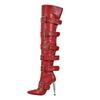 Fashion New Hollow Out Rivet Belt Buckle Red Black Over The Knee Boots Hot Girl Sexy Punk Style Pole Dance Pointed High-heel Long Boots