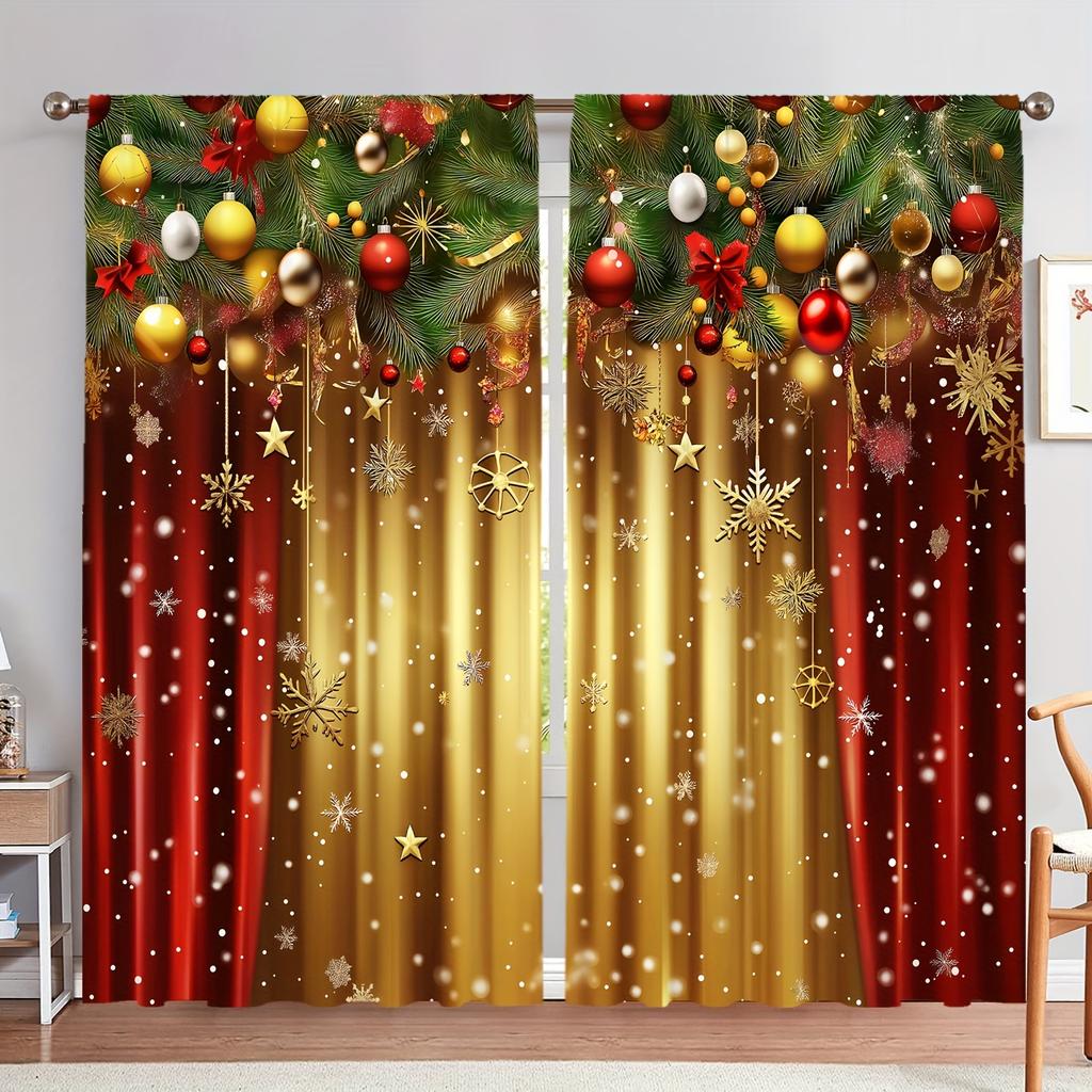 2pcs Set Christmas-Themed Curtains - Digital Print Rod Pocket Design Polyester  Perfect for Living Room Kitchen Bedroom Windows