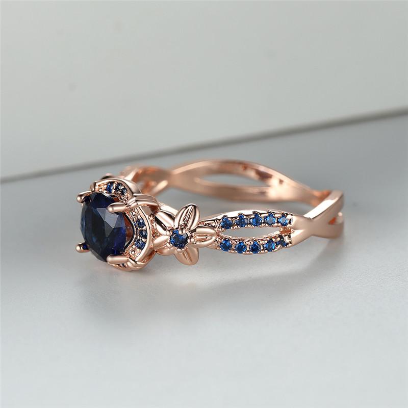 Vintage Rose Gold Color Ring Flower Style Round Cut Blue Stone Rings for Women Luxury Claw Ring Anniversary Gifts
