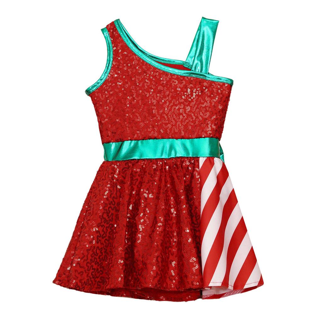 Girls Christmas Shiny Sequin Sleeveless Dress Ballet Dance Leotard Dress Christmas Party Performance Costume
