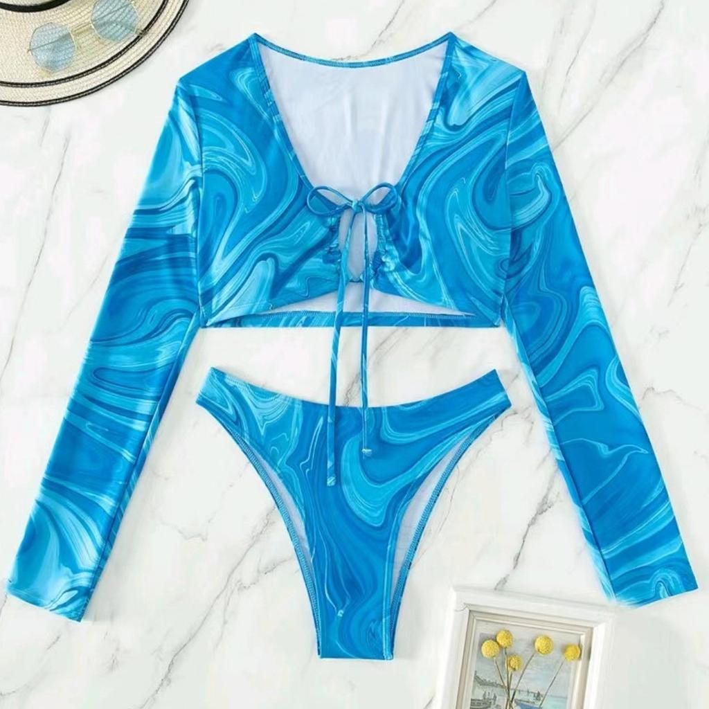 Split Length Sleeved Bikini Swimsuit With Floral Print For Women