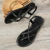 Large Size Flat Bottom Clip Toe Flip Flops Women Solid Color Woven Clip Toe Outer Wear Beach Sandal Flops