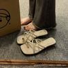 Outer Cover Toe Slippers Women's Summer 2024 New Fashion Versatile Retro Low Heel Cross with Beach Cool Slippers