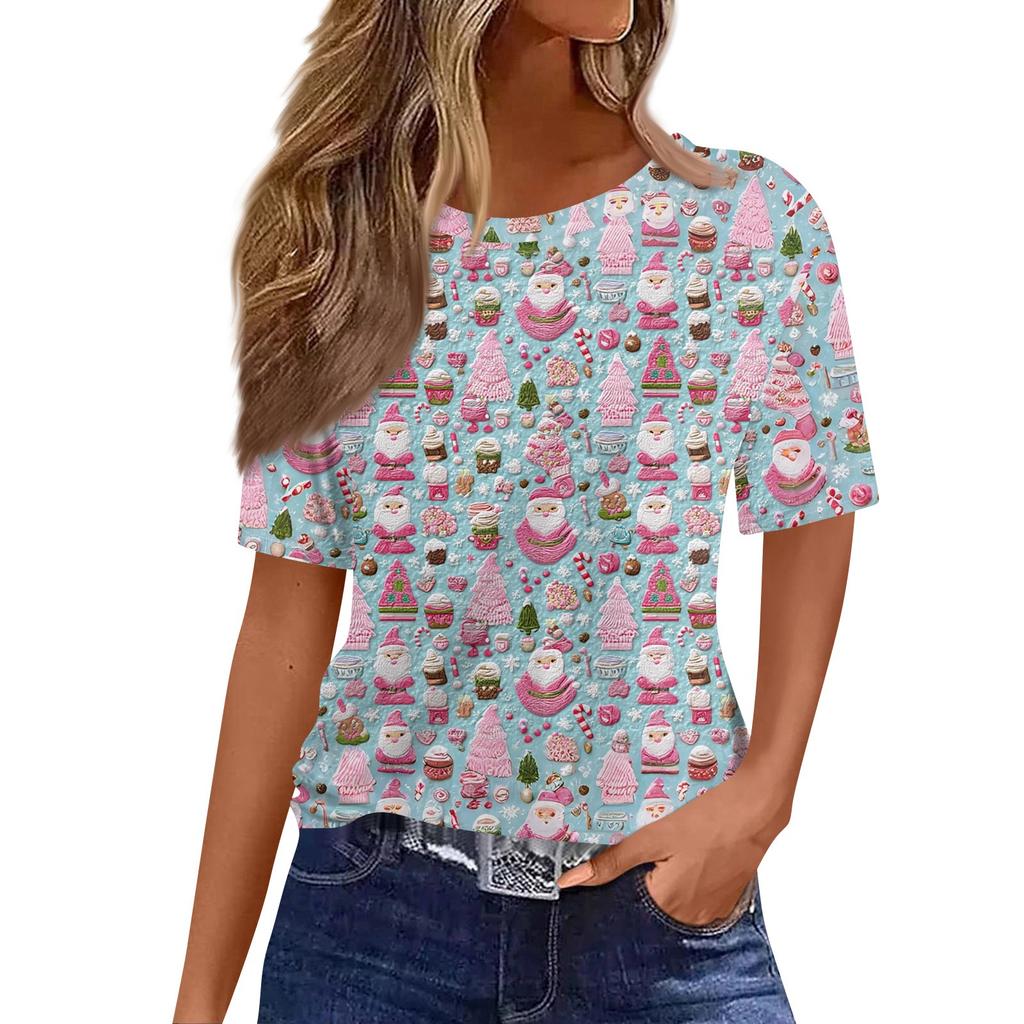 Women's Fashionable Casual Short Sleeve Christmas Print Round Neck Pullover Top