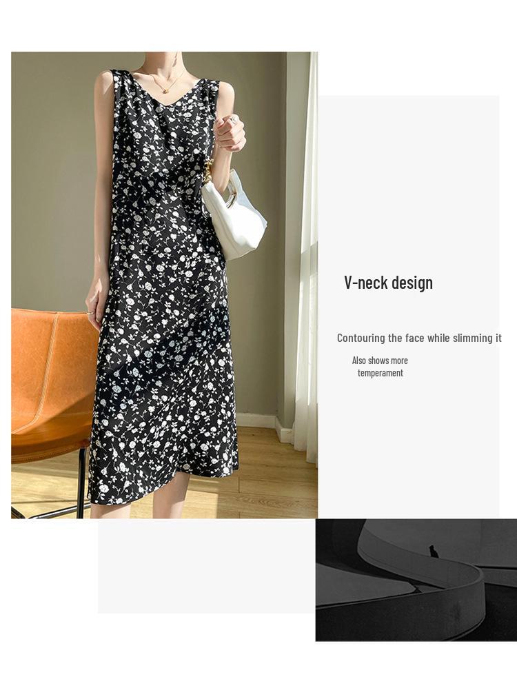 Silk Satin Women's V-neck Print Spaghetti Strap Maxi Dress - Summer 2025 Collection