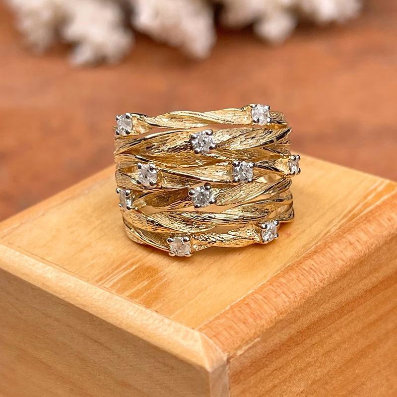 Wrapped Vine Ring Women'S Fashionable Yellow And Gold Wide Version Multi-Ring Accessories, Star Zircon Bird'S Nest Ring